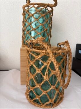 Home Essentials Aqua Glass Lanterns with Natural Jute Netting (2) Preowned
